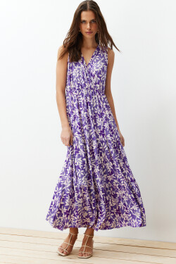Trendyol tmavě fialové květinové áčkové šaty výstřihem do bez rukávů polyesteru.