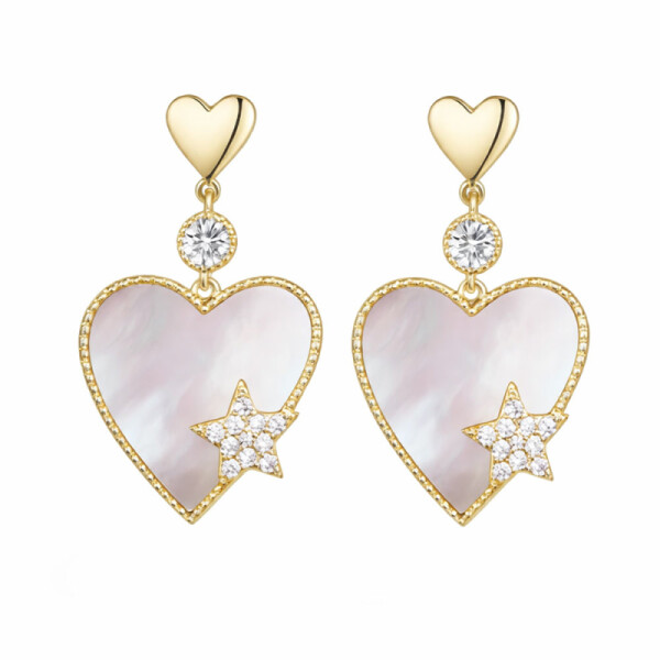 Náušnice s motivem srdce Suzanne - zirkony, perleť, Zlatá