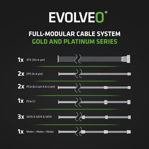 EVOLVEO G650, zdroj 650W, 80+ GOLD, ATX 3.1, aPFC, 140 mm ventilátor, plně modulární, záruka 3 roky, bílý