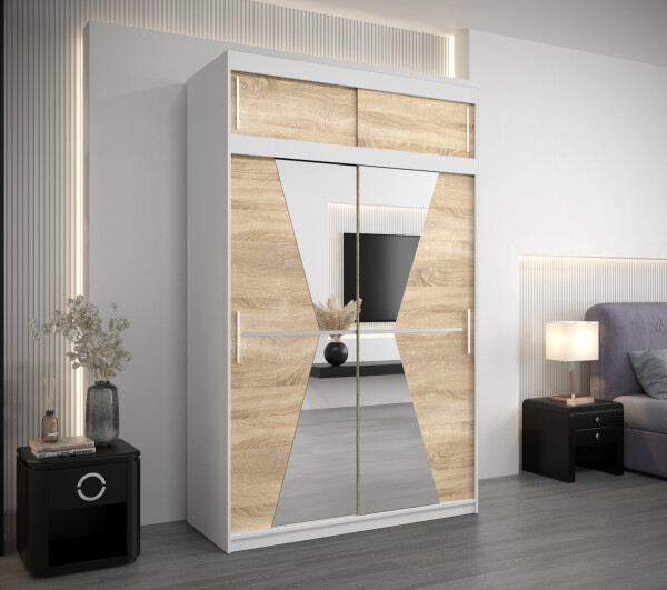 Šatní skříň Abi Ma s nástavcem Barva korpusu: Bílá, Rozměry: 150 cm, Dveře: Dub sonoma