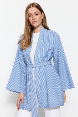 Trendyol modré páskové tkané pruhované kimono kaftan