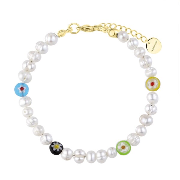 Perlový náramek Laura - korálky Millefiori, kultivované perly, Zlatá 16 cm + 3 cm (prodloužení) Bílá