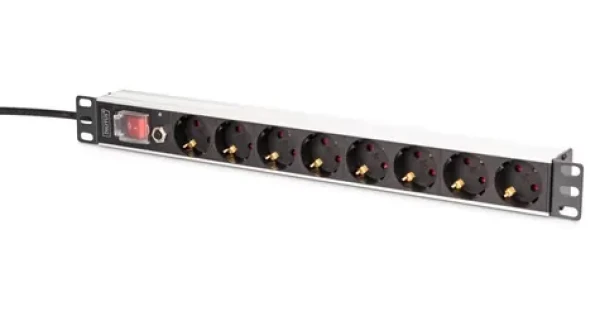 Digitus PDU 1U 8x Schuko černá / Zásuvková lišta / 230V/16A/4000W / kabel 2m / hliníkové tělo / vypínač (DN-95436)