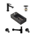 SAT - Koupelnový set levého závěsného umývátka Brevis 40,5 cm, pákové baterie, sifonu, průtočné zátky a roháčků v černé barvě KSETBRE2LBKM KSETBRE2LBKM