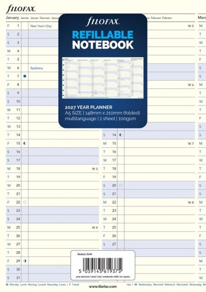 Kalendářní náplň do notebooku FILOFAX 2027, A5, roční plán