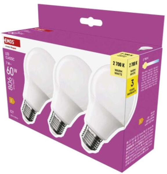 Emos Led žárovka Classic A60 / E27 / 7 W (60 W) / 806 lm / teplá bílá 3ks