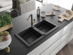 MEXEN/S - Mario granitový dřez 2-bowl včetně baterie Flora, černá/stříbrná metalik 6504-73-670401-57-B