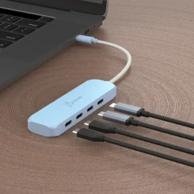 J5Create USB-C Hub 4v1 azurová / USB hub / USB 3.2 Gen 1 / 4 porty / recyklovaný plast (JCH345EC-N)