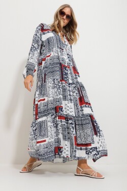 Šaty Trend Alaçatı Stili pro ženy, skořicové, s velkým límcem a vzorem šálu, maxi délka