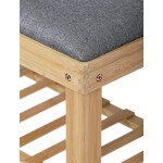 Botník / taburet, 2 police, masiv bambus, přírodní odstín, šedá látka