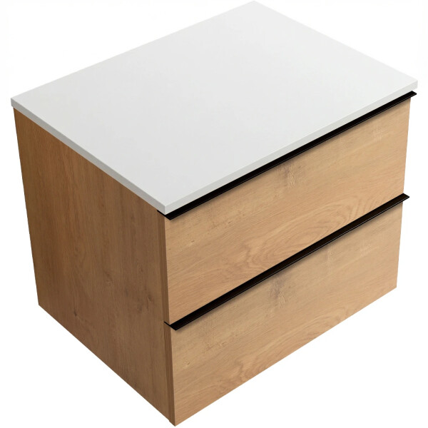 CERANO - Koupelnová skříňka Velora - dub medový, úchytka černá + deska z lit. mramoru Elanys - 12 mm - bílá matná - 70x54,2x46,5 CER-679450