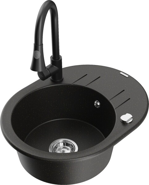 MEXEN/S - Kevin granitový dřez 1 s odkapávačem včetně baterie Elia, černá/zlatá metalik 6517-75-670101-70