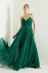 Lafaba Women's Emerald Green Chest Draped Slit Flared Glitter Evening Dress