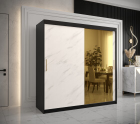 Šatní skříň Abi Golden T2 Barva korpusu: Černá, Rozměry: 200 cm, Dveře: Bílý mramor se zlatým zrcadlem