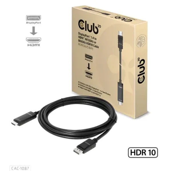 Club3D Kabel DisplayPort 1.4 na HDMI 2.1 / 4K 120Hz nebo 8K 60Hz / HDR10 / 3m (CAC-1087)