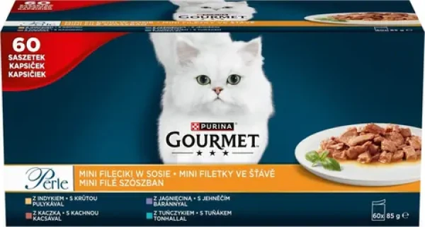 Purina Gourmet Perle Mini Fillets v omáčce 60x85 g / kapsičky pro kočky / 4 příchutě (8445291615236)