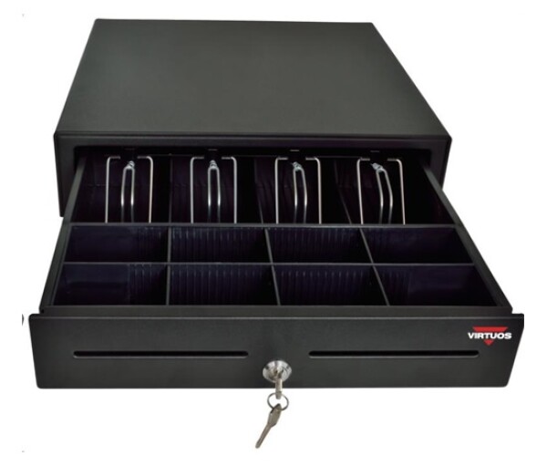 Virtuos pokladní zásuvka S-410C - s kabelem, pořadač 4/8, 9-24V, černá