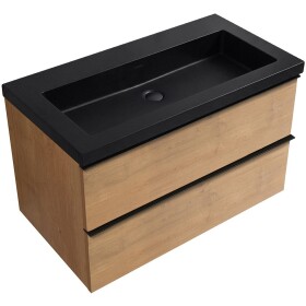 CERANO - Koupelnová skříňka Velora - dub medový, úchytka černá + umyvadlo z lit. mramoru Ovo - černá matná - 80,5x58x46,5 CER-979972