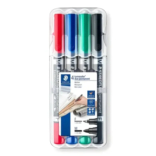 Staedtler Lumocolor duo / Popisovač permanentní / sada 4 ks / 2 hroty 0,6 a 1,0 mm / voděodolný (348 WP4)