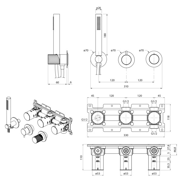 SAPHO - ULTRATAP podomítková sprchová/vanová baterie s ruční sprchou, 2 výstupy, chrom UT045T