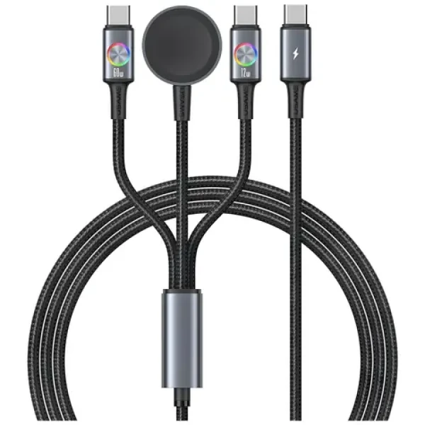 USAMS SJ754 šedá / Datový kabel 3v1 / 2x USB-C + magnetický nabíječ Apple Watch / PD 72W / 1,2 m (SJ754USB01)