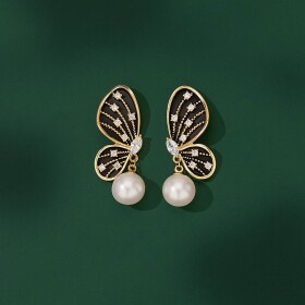 Náušnice s perlou a zirkony Estafania - motýl, Černá Bílá