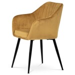 Jídelní židle, potah žlutá matná sametová látka, kovové nohy, černý matný lak