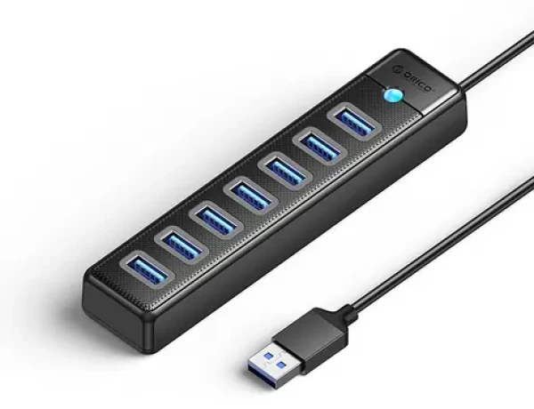 Orico PW7U-U3 černá / USB hub / 7x USB-A 3.0 / nabíjecí port USB-C 5V/3A / kabel 1 m