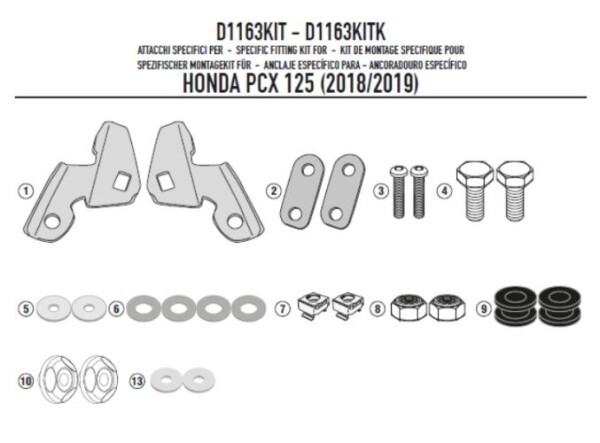 D1190Kit montážní sada Honda Pcx 125 (21-24) k plexi 1190DT