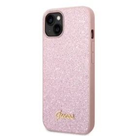 Pouzdro Guess PC/TPU Glitter Flakes Metal Logo iPhone 14 Plus růžové