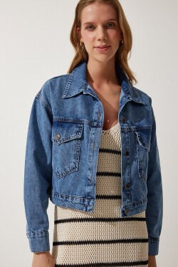 Happiness İstanbul Women's Blue Pocket Jean Jacket