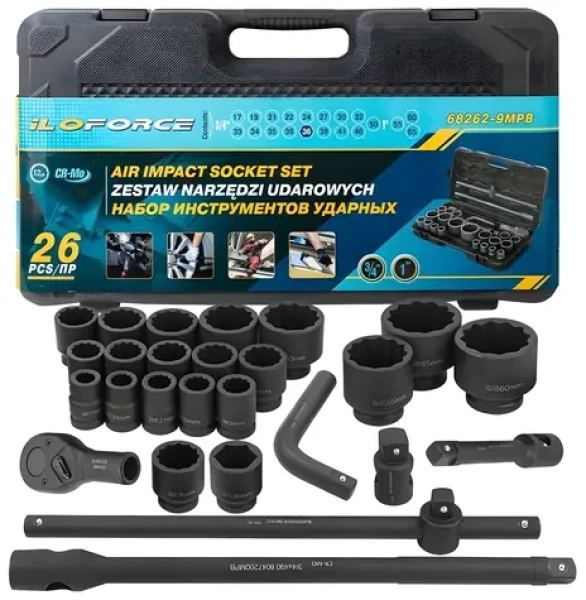 Satra Sada rázových nástrčných klíčů 26 dílů / Sada nástrčných klíčů / 3/4" 17-50 mm / 1" 55-65 mm / 12-hran (IF-68262-9MPB)