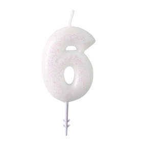 Dortová svíčka číslo 6 bílá s glitry Amscan Dortová svíčka číslo 6 bílá s glitry Amscan