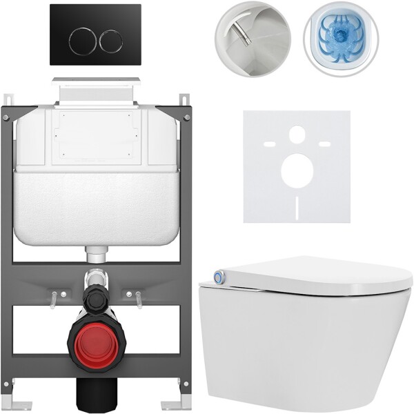 CERANO - Závěsné WC s bidetem Basic/Cronus Standard - bílá lesklá - WC tlačítko Dualo/Černá - ovládání shora - předstěnová instalace - 59,3x38,4 CER-8050BD86425