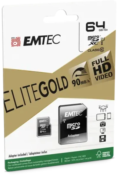 EMTEC Gold Plus micro SDXC karta 64GB + adaptér SD / UHS-I / U1 / Class 10 / čtení: 85MBs / zápis: 21MBs / vhodné pro FH (ECMSDM64GXC10GP)