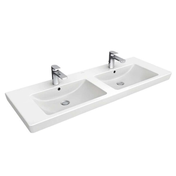 VILLEROY & BOCH - Subway 2.0 Dvojumyvadlo nábytkové 130x47 cm, s přepadem a otvory pro baterie, Ceramicplus, bílá 7175D0R1