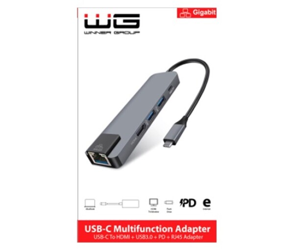 WG - HUB Type-C 4 v1, HDMI + RJ45 + USB3.0, hliníkový