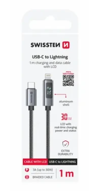 SWISSTEN Kabel USB-C na Lightning s LCD displejem 1m černá / 30W / Lightning (M) / USB-C (M) (71551077)