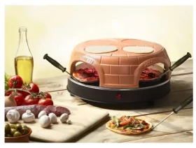Emerio Pizzarette černo-hnědá / Mini pizza pec / 1100 W / pro 4 osoby / terakotový poklop / nerezová plotna (PO-115847.1)