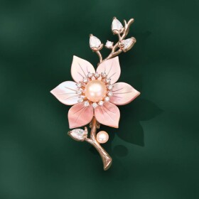 Luxusní brož s růžovou perlou a květem švestky Zoé, Růžová