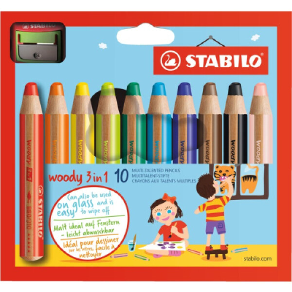 Pastelky STABILO Woody 3in1, sada 10 ks v pouzdru s ořezávátkem