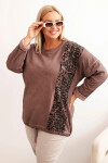 Dámská mikina Plus Size s bavlnou a leopardím lampasem a šňůrkou hnědá UNI
