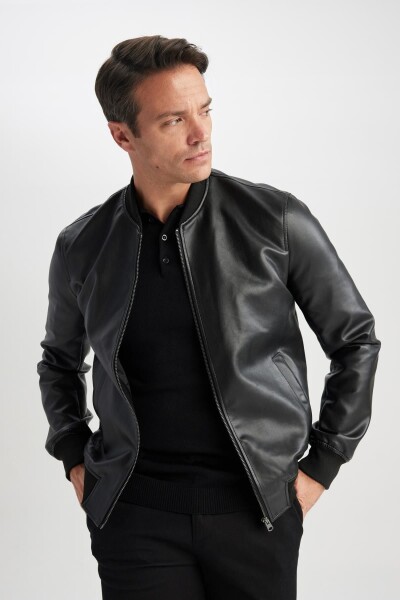 DEFACTO Slim Fit College Collar Bomber Lined Faux Leather Faux Leather Coat