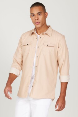 AC&Co Altınyıldız Classics Men's Beige Slim Fit Slim Fit Classic Collar Cotton Shirt