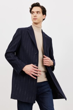 ALTINYILDIZ CLASSICS Men's Navy Blue Standard Fit Regular Cut Mono Collar Patterned Wool Coat