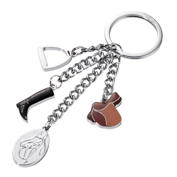 Troika klíčenka - kůň, třmen, sedlo, jezdecké boty (kovová, mix barev)