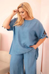 Dámská souprava Plus Size z tencelu, halenka s vázáním a široké kalhoty džínový UNI