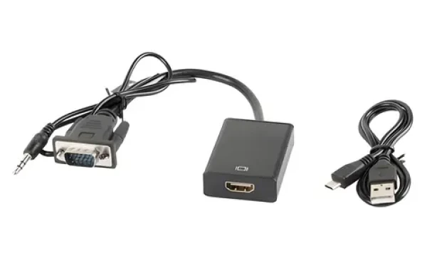 Lanberg AD-0021-BK černá / Adaptér / VGA (M) + MiniJack 3,5mm (M) na HDMI (F) / 0,2m / Full HD (AD-0021-BK)