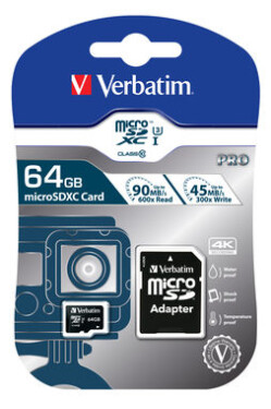 Verbatim microSDXC Pro 64GB + Adaptér / Paměťová karta / UHS-I (U3) / Class 10 / až 90MBs (47042-V)