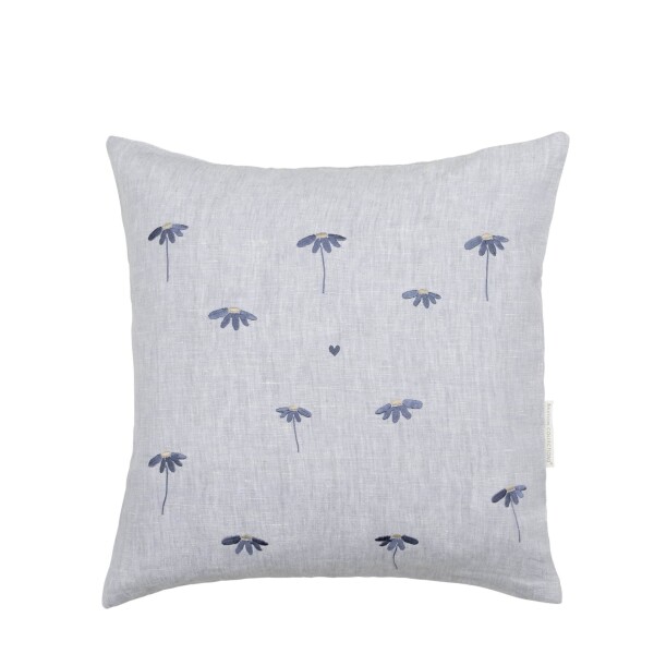 Bastion Collections Lněný povlak na polštář Blue With Flowers 50 x 50 cm, modrá barva, textil